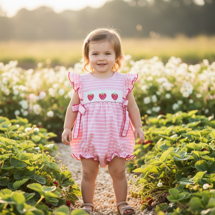 Sweet Strawberry Smocked Girl Romper