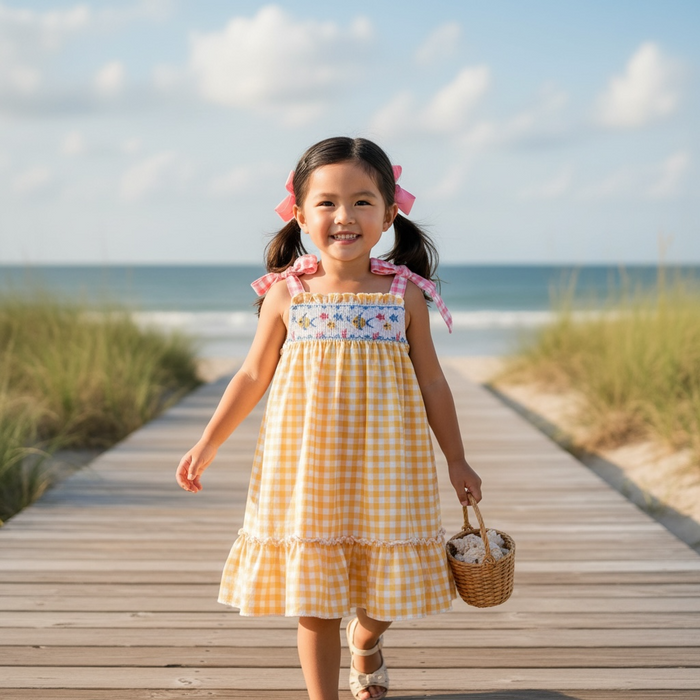 Fish Embroidered Smocked Plaid Girls Dress