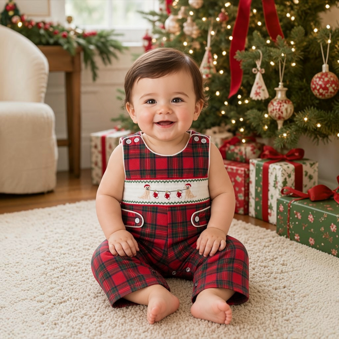 Christmas Puppy Plaid Smocked Jon Jon