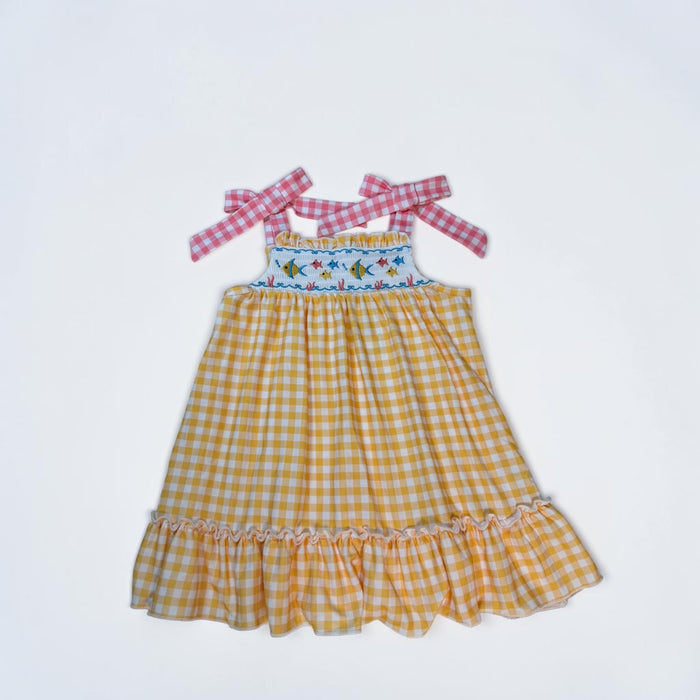 Fish Embroidered Smocked Plaid Girls Dress