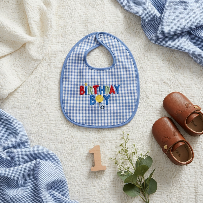 Birthday Boy Blue Gingham Bib