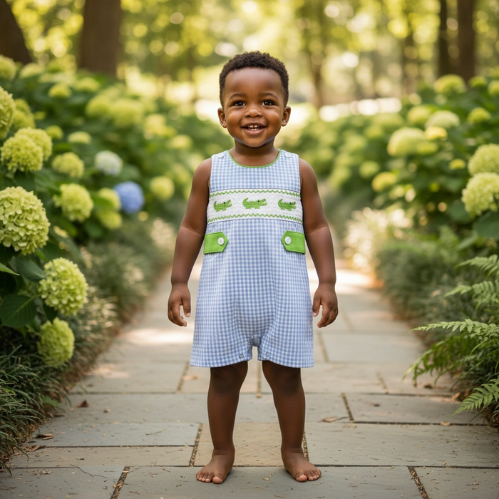 Preppy Crocodile Smocked Baby Boy Romper