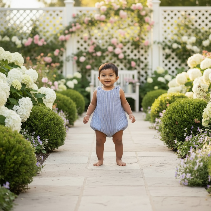 Classic Blue Seersucker Baby Bubble Romper