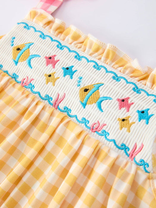 Fish Embroidered Smocked Plaid Girls Dress