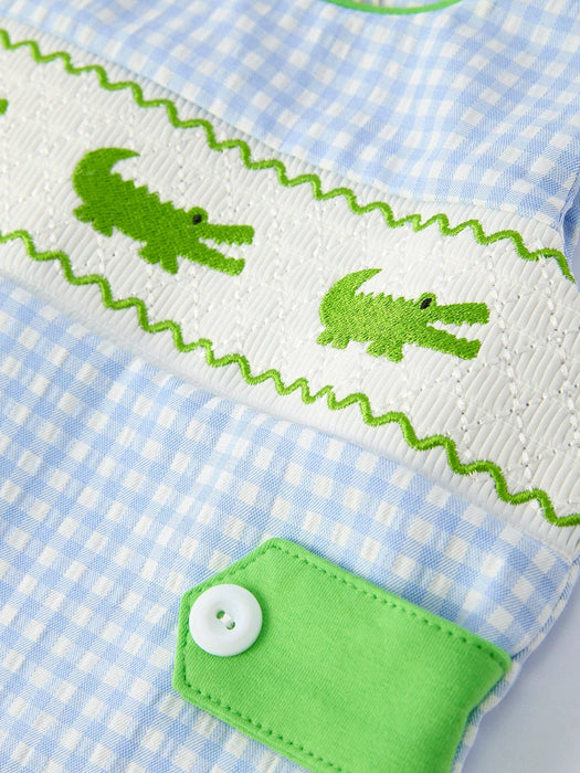 Preppy Crocodile Smocked Baby Boy Romper